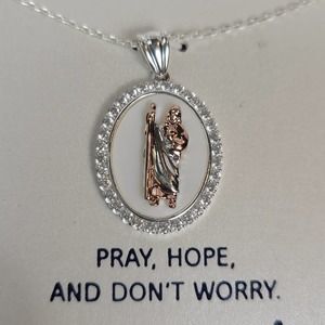 Gratitude & Grace CZ Mother-of-Pearl Inlay Two-Tone Saint Pendant Necklace